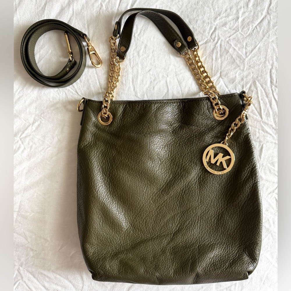 Michael Kors Jet Set Travel Medium Chain Shoulder Tote Pebbled Leather Green